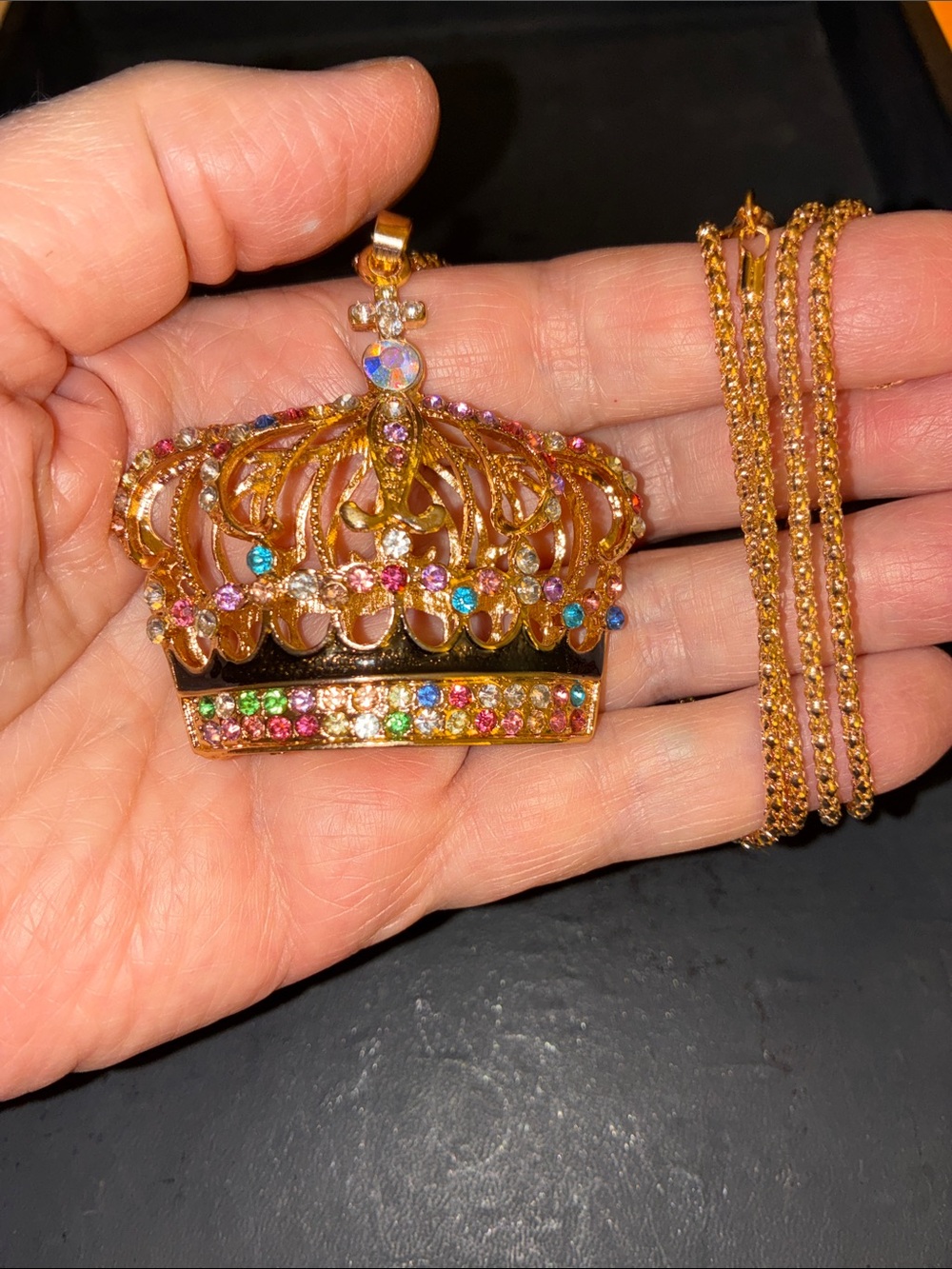 Gold Crown Pendant Necklace with Multicolor Crystals